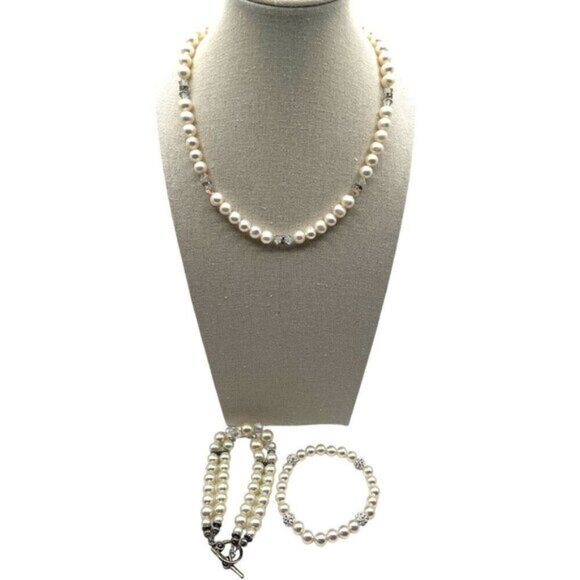 Vintage Faux Pearl Necklace Bracelet & Anklet Set Rhinestones Chic - Picture 3 of 5